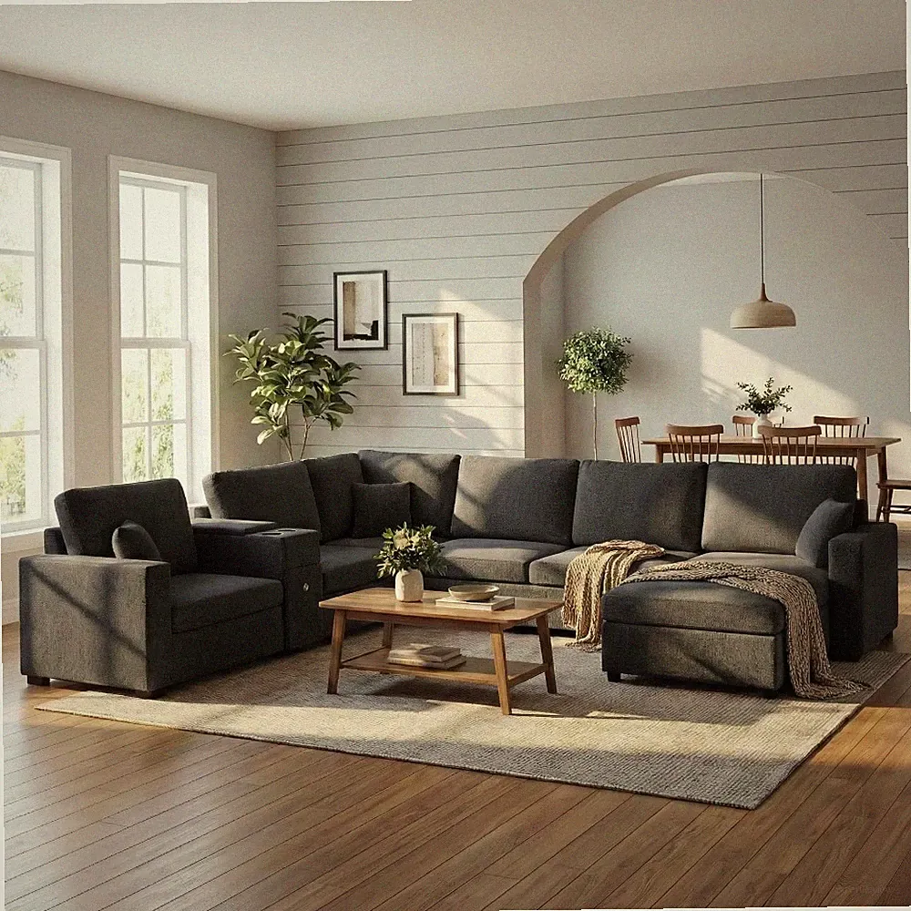 U-Shape Corner Sectional Sofa with Chaise, Cup Holders, Storage, 5-Seat, Black
