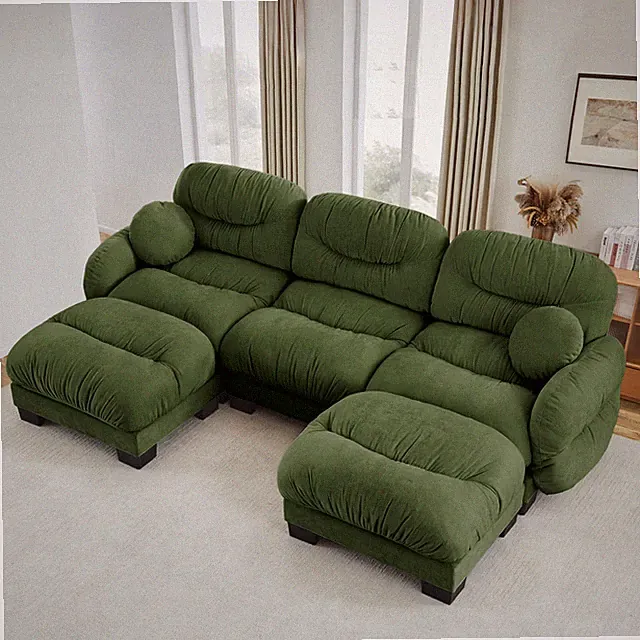 U-Shape Green Chenille Sectional Sofa with 2 Ottomans