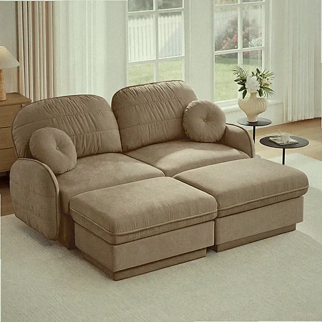 U-Shape Loveseat Sofa w/ 2 Ottomans, Quilted Cushions, Light Coffee
