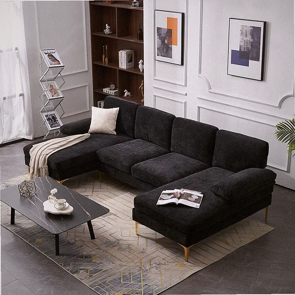 U Shape Modern 4 Seats Sectional Sofa with 2 Chaise Chenille Living Room