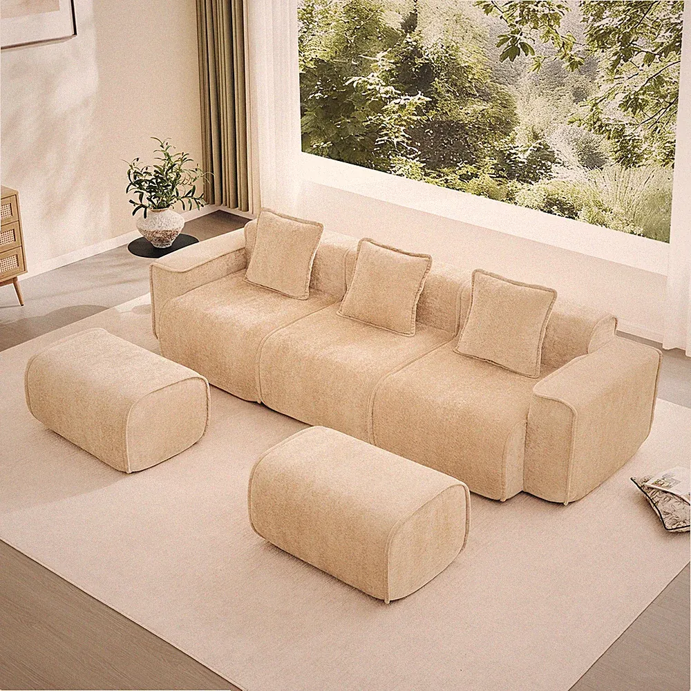 U-Shape Modular Sectional Sofa, 3-Seat Velvet French Piping w/Ottoman