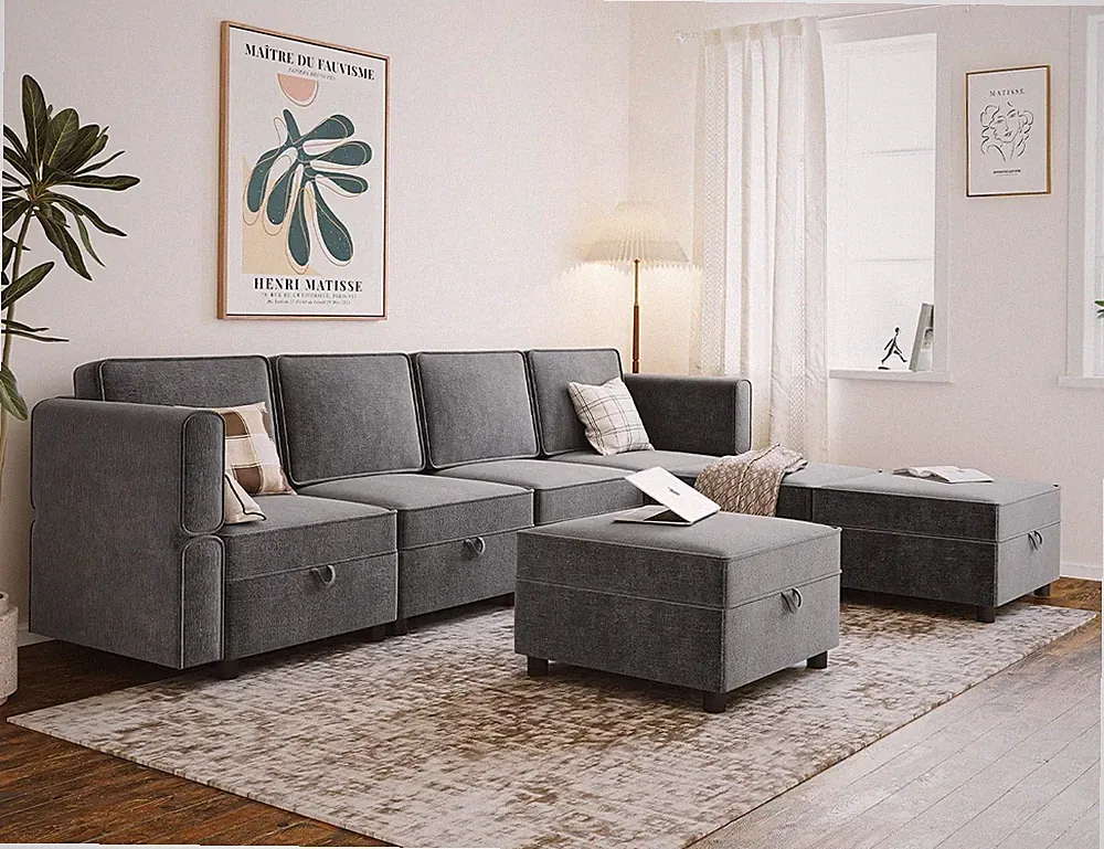 U-Shape Modular Sectional Sofa 7-Seater Chenille Sleeper Couch Storage Ottomans