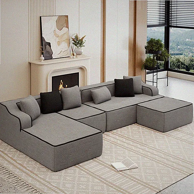 U-Shape Modular Sectional Sofa Corduroy Cloud Couch with Chaise 6-Seat Sofa Gray
