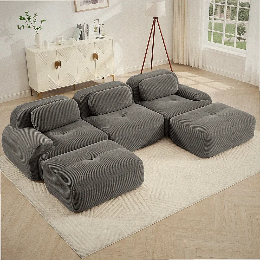 U-Shape Modular Sectional Sofa Corduroy Grey 32D High-Resile Sponge