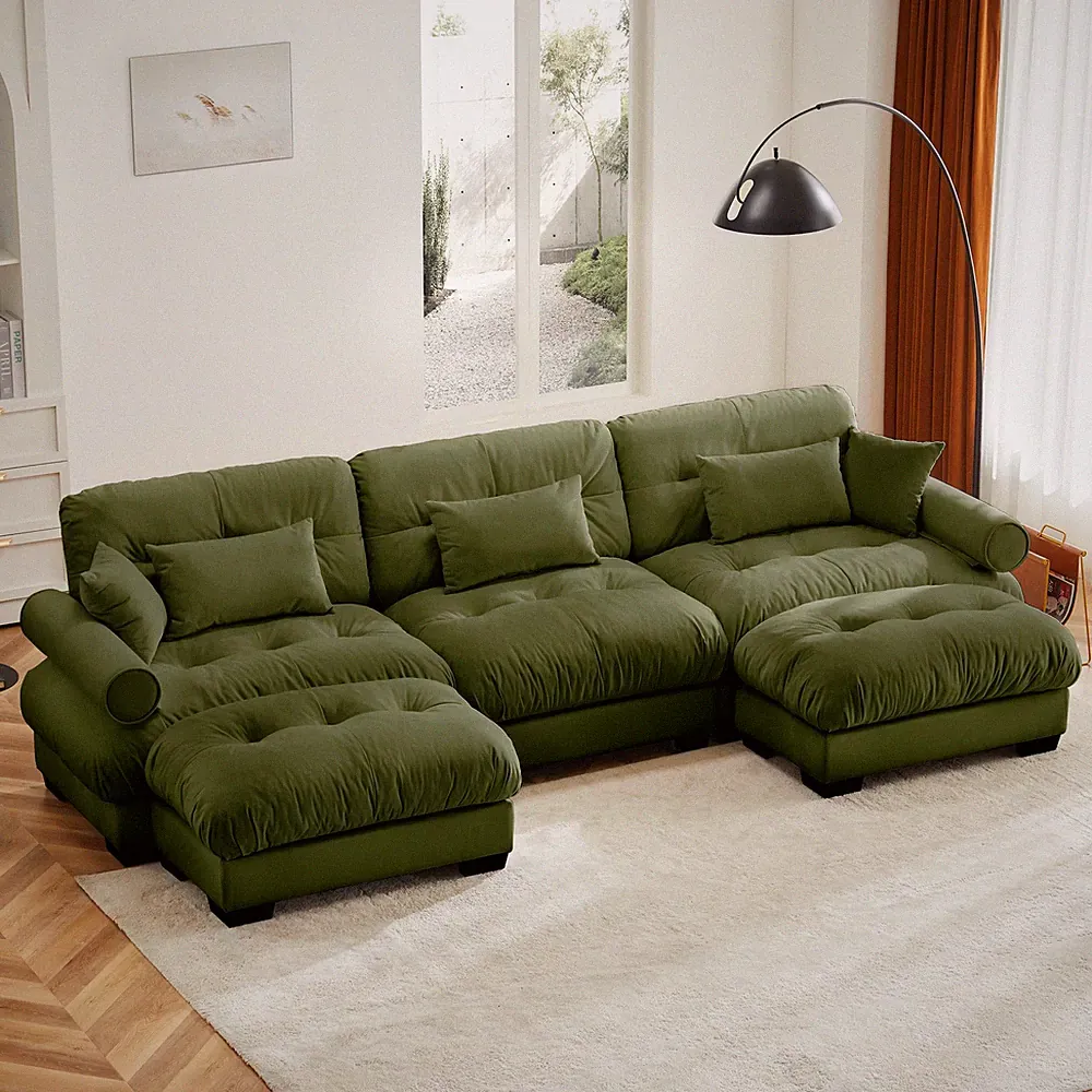 U Shape Modular Sectional Sofa Couch with Two Movable Ottomans, Modern 3 Seat