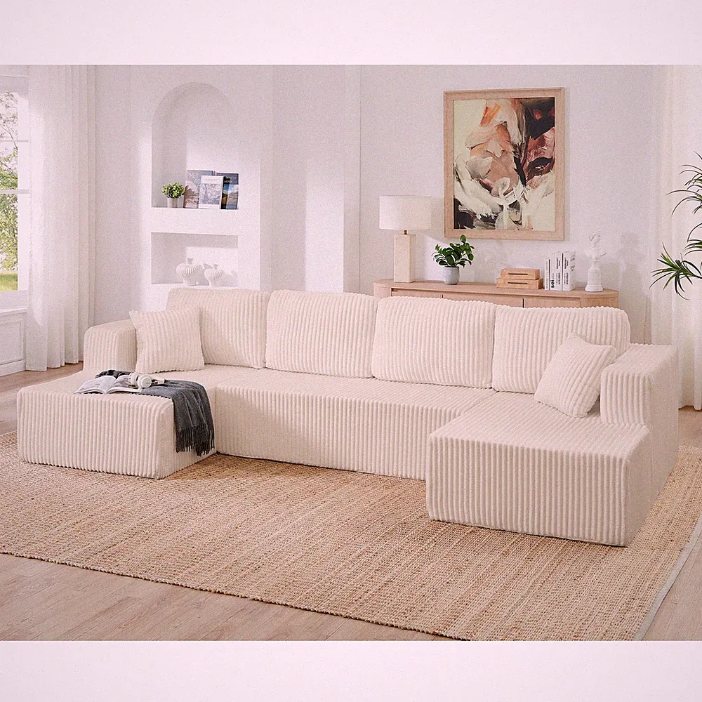 U-Shape Modular Sectional Sofa Sleeper Corduroy Couch 5-Seat Beige