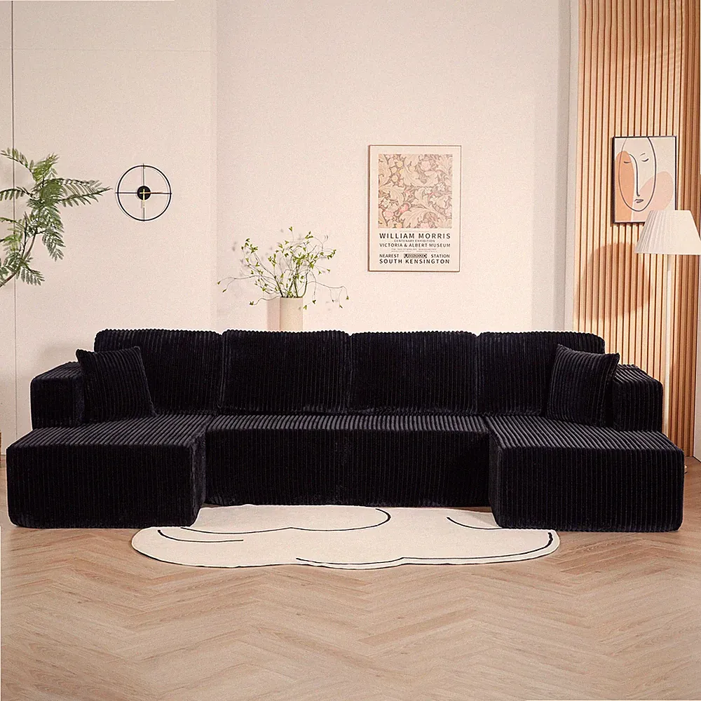 U-Shape Modular Sectional Sofa Sleeper Corduroy Couch Black