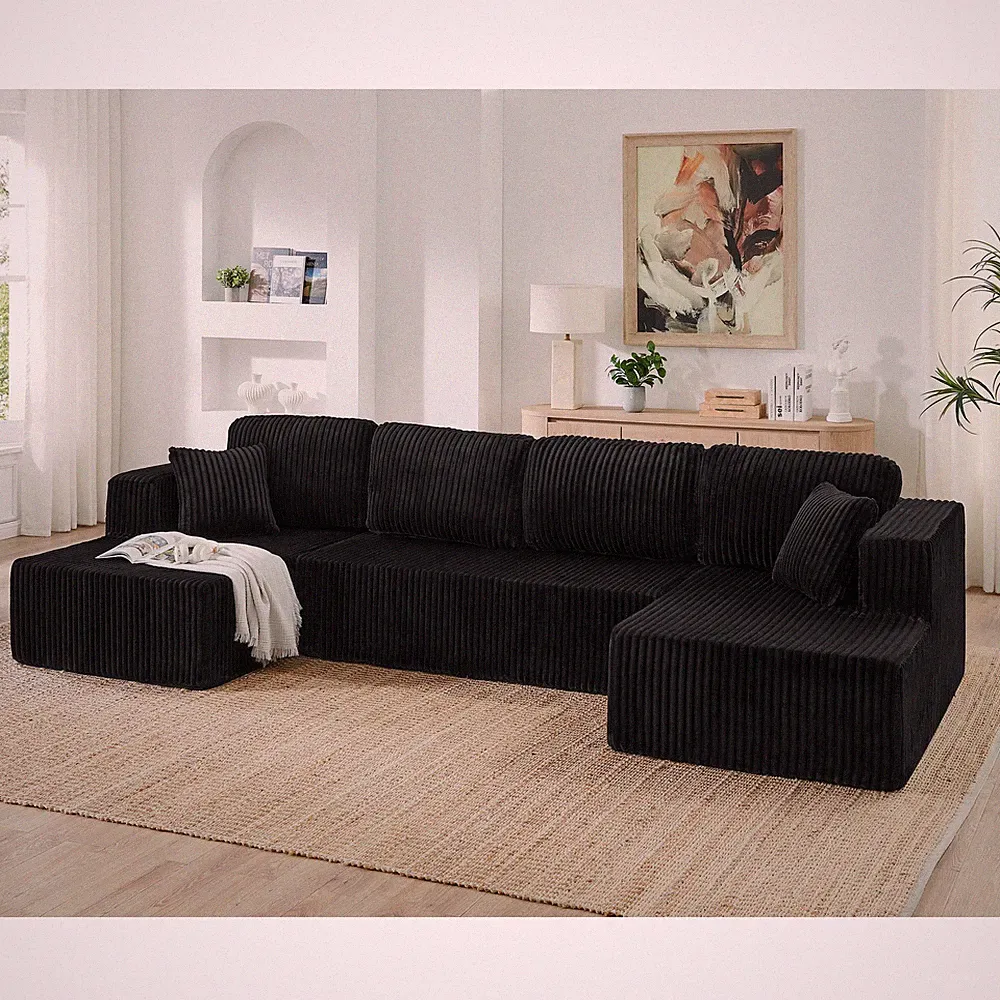U-Shape Modular Sectional Sofa Sleeper Corduroy Couch Black