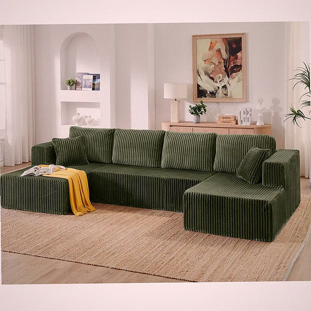 U-Shape Modular Sectional Sofa Sleeper Corduroy Couch Green