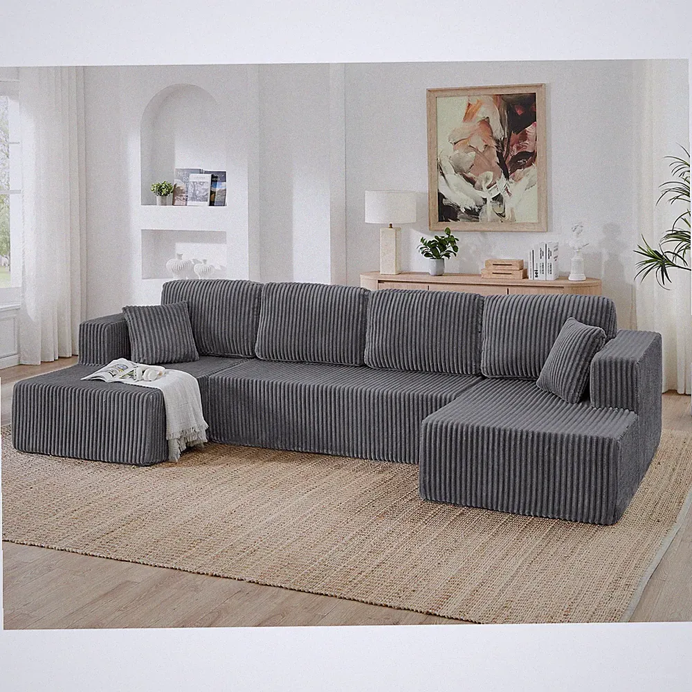 U-Shape Modular Sectional Sofa Sleeper Corduroy Couch Grey