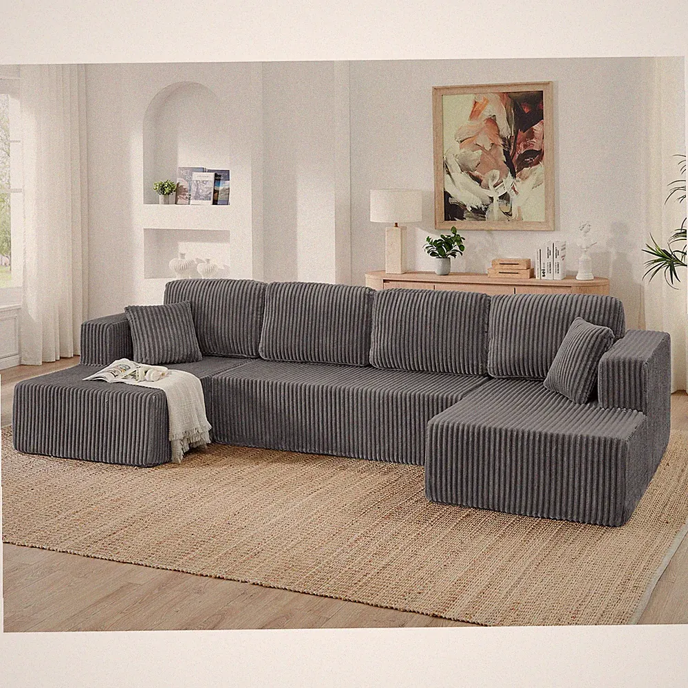 U-Shape Modular Sectional Sofa Sleeper Corduroy Couch Grey