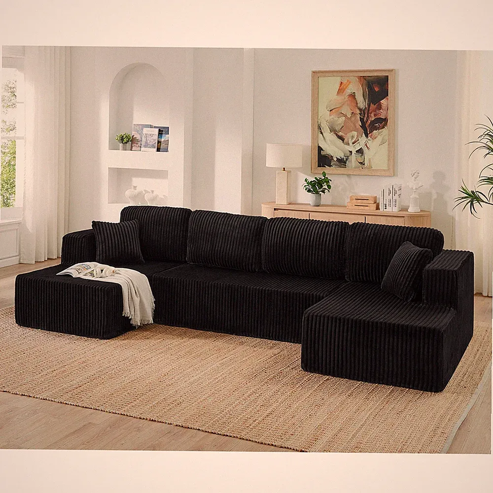 U-Shape Modular Sectional Sofa Sleeper Couch Minimalist Corduroy Black