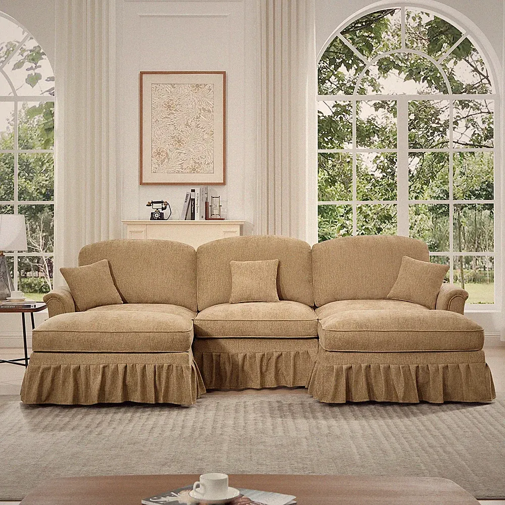 U-Shape Sectional Cloud Couch w/ Removable Ruffles & Ottoman, Light Coffee
