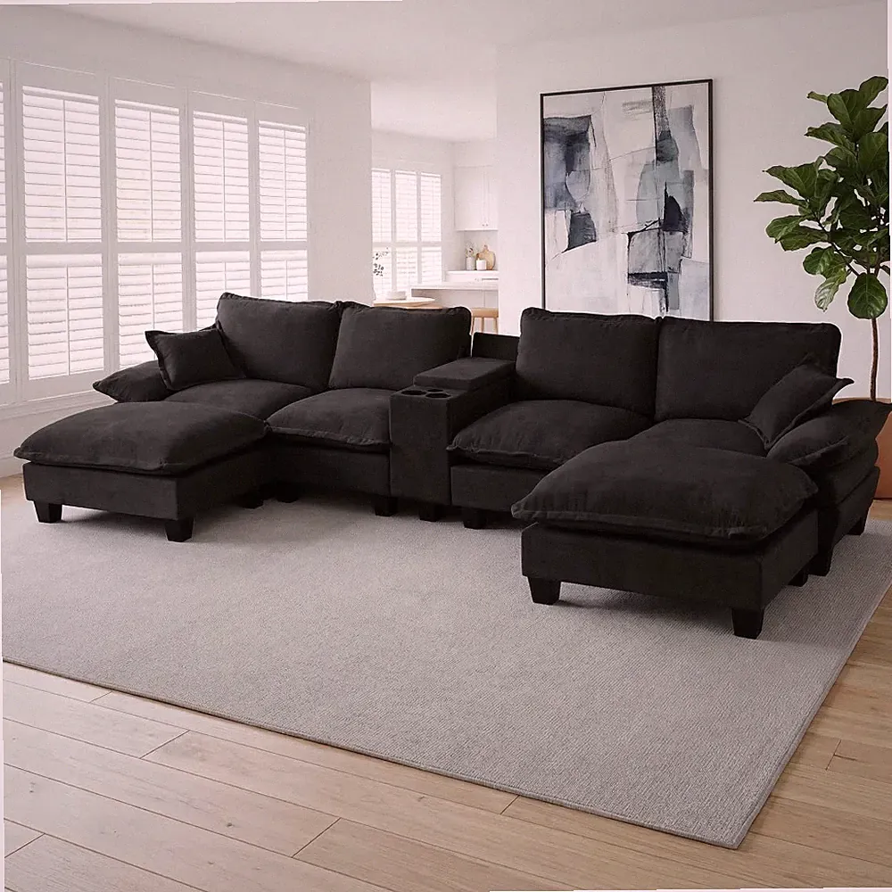 U-Shape Sectional Cloud Couch with Storage, USB Ports & Ottoman