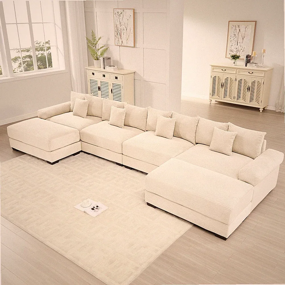 U-Shape Sectional Couch, 4-Seater Cream Corduroy Sofa with Ottoman