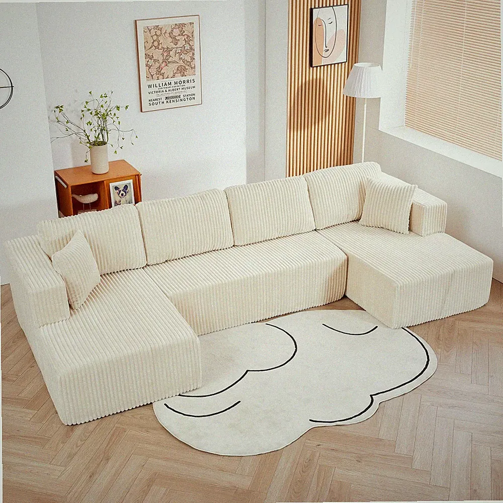 U-Shape Sectional Sleeper Sofa Bed, Modern Corduroy Beige Minimalist