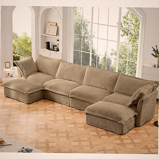 U-Shape Sectional Sofa, 4-Seat Camel Corduroy Cloud Couch w/ Removable Covers