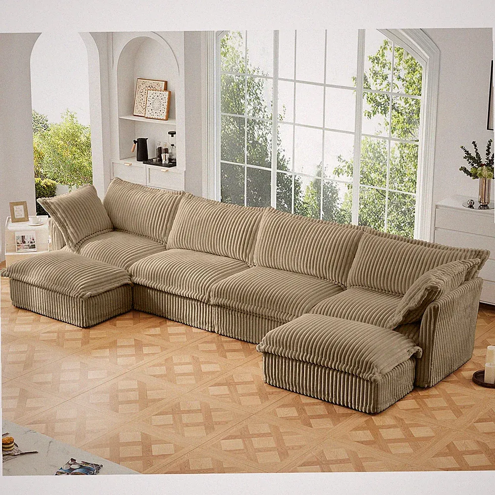 U-Shape Sectional Sofa, 4-Seat Deep Cloud Couch w/ Pillows, Camel Corduroy