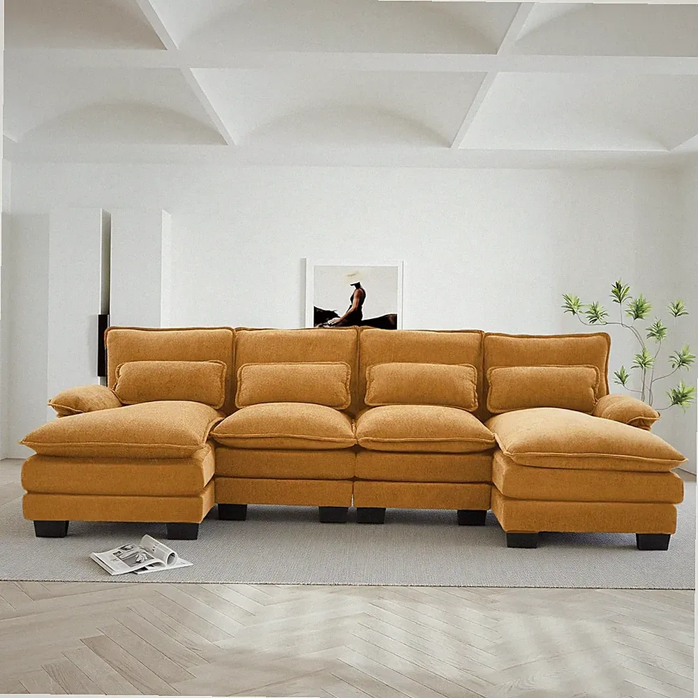 U Shape Sectional Sofa 4 Seat Upholstery Sleeper Sofa with Double Chaise