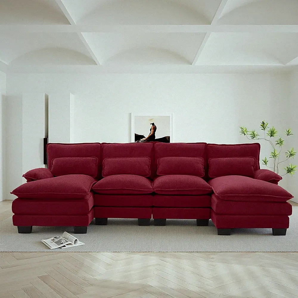U Shape Sectional Sofa 4 Seat Upholstery Sleeper Sofa with Double Chaise