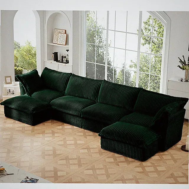 U-Shape Sectional Sofa 4-Seater, Green Corduroy Cloud Couch, Removable Covers