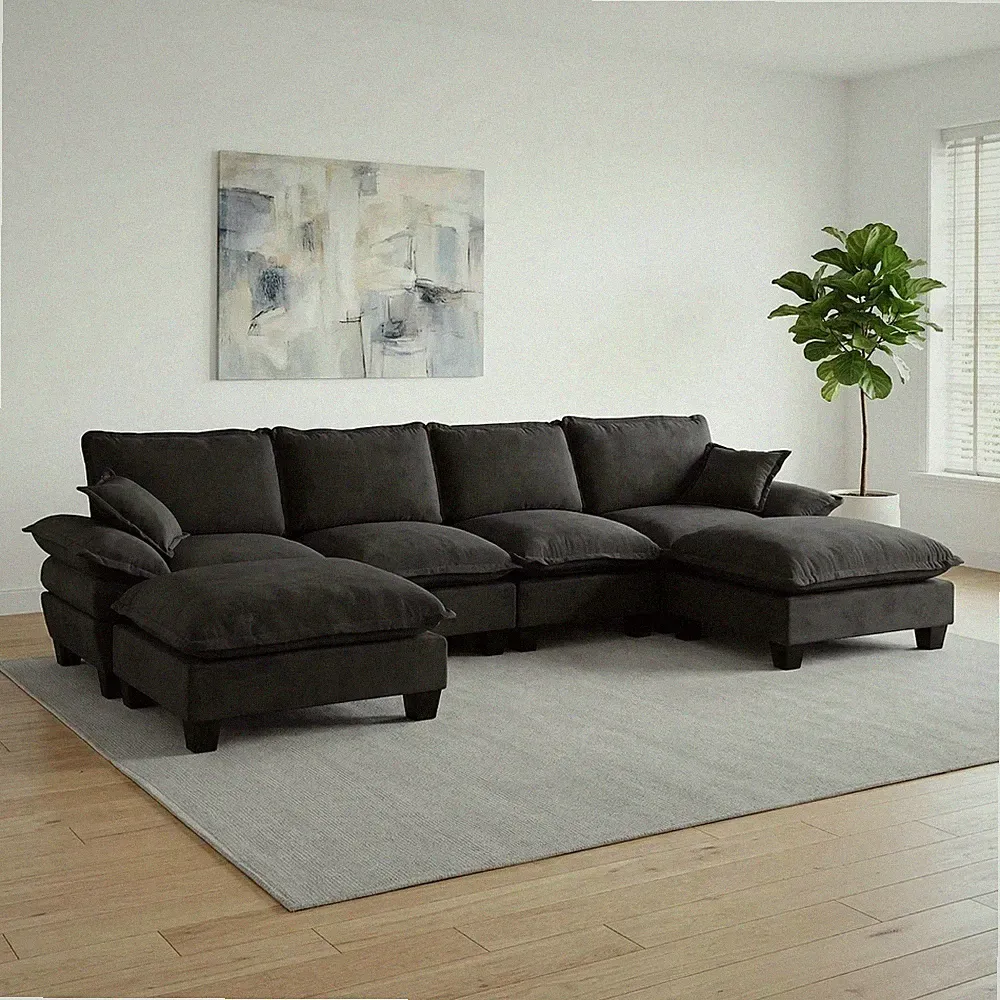 U-Shape Sectional Sofa 6-Seater Chenille Cloud Couch with Ottomans, Black