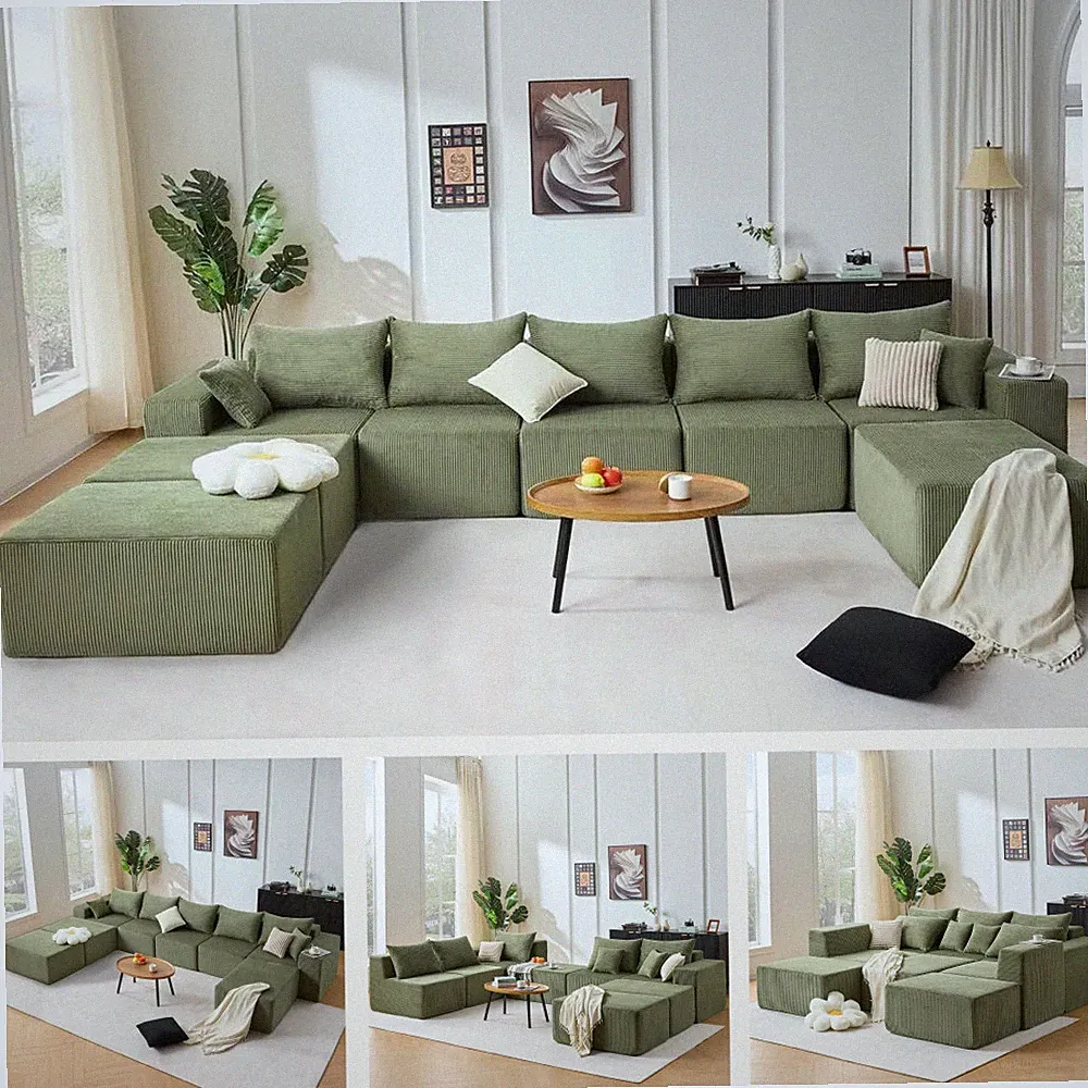 U-Shape Sectional Sofa 8pc Set Converts to Bed Green Corduroy No Assembly