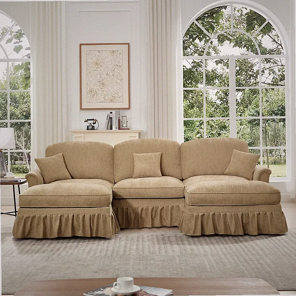 U-Shape Sectional Sofa, Chenille Fabric, Light Coffee, Removable Ruffle Skirt