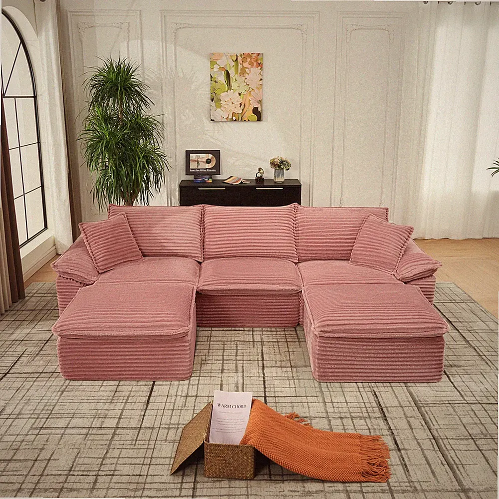 U-Shape Sectional Sofa Cloud Couch with Ottoman, Pink Corduroy, 113"