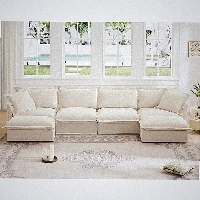 U-Shape Sectional Sofa Couch, 4 Seat Chenille Fabric w/ Big Pillows