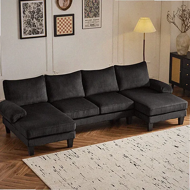 U-Shape Sectional Sofa Couch Corduroy Fabric Upholstered Covertible Couch