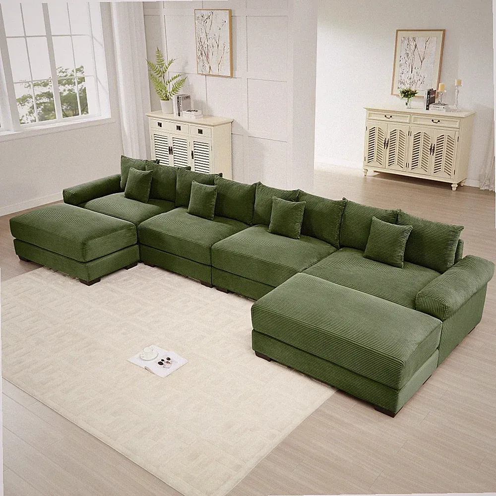 U-Shape Sectional Sofa, Modular Cloud Couch w/ Ottoman & Throw Pillows, Green