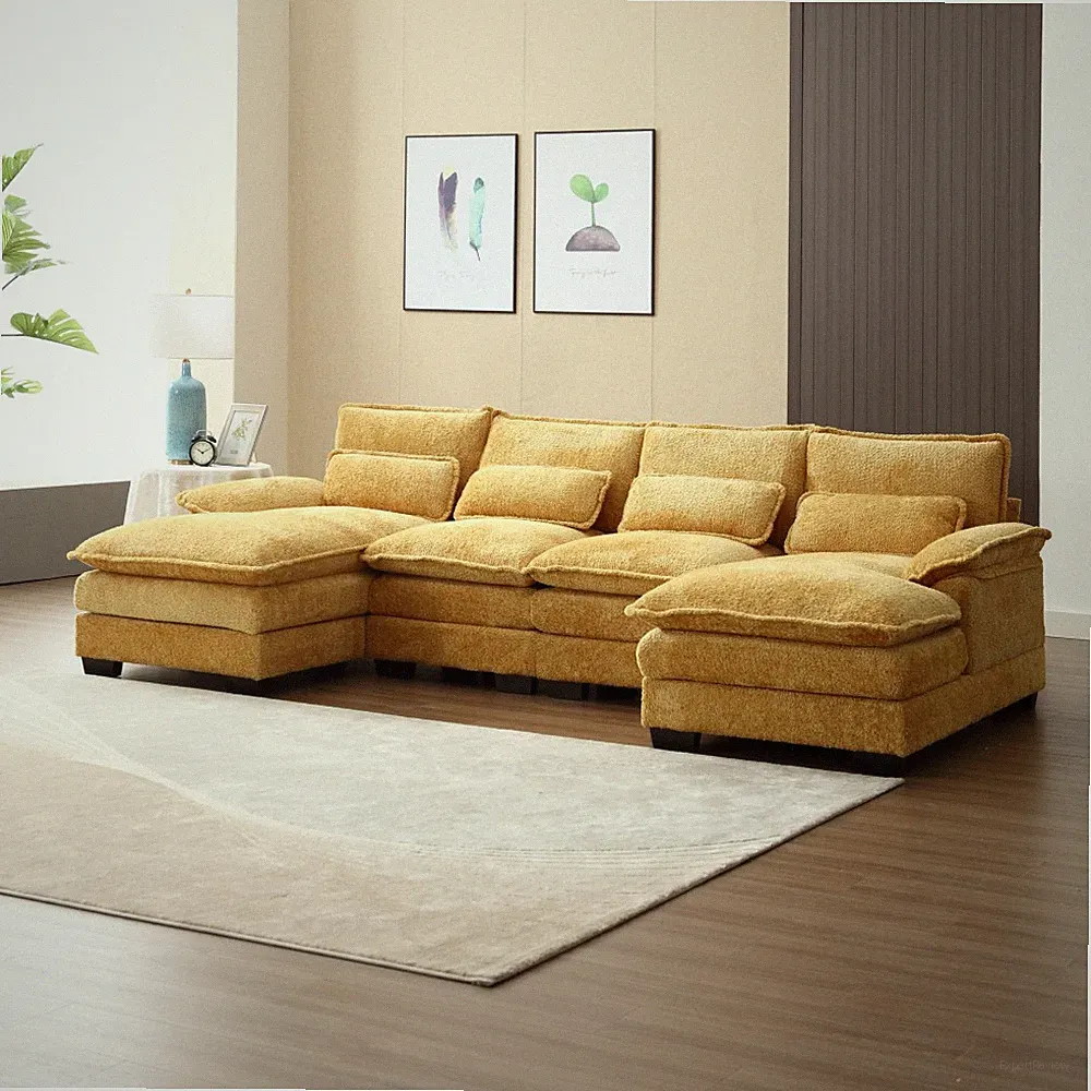 U-Shape Sectional Sofa Modular Reversible, Boucle Fabric Mustard Yellow