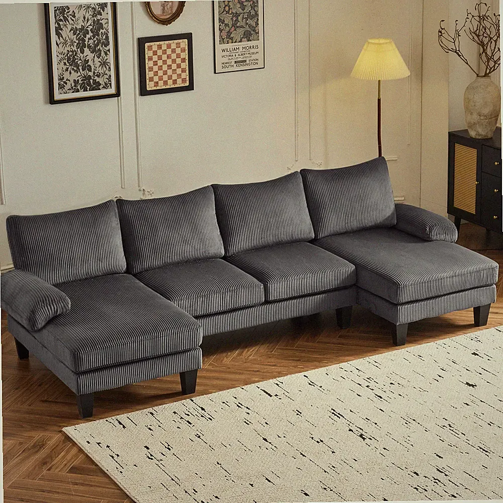 U-Shape Sectional Sofa Set with Corduroy Fabric Home Furniture Reception Room