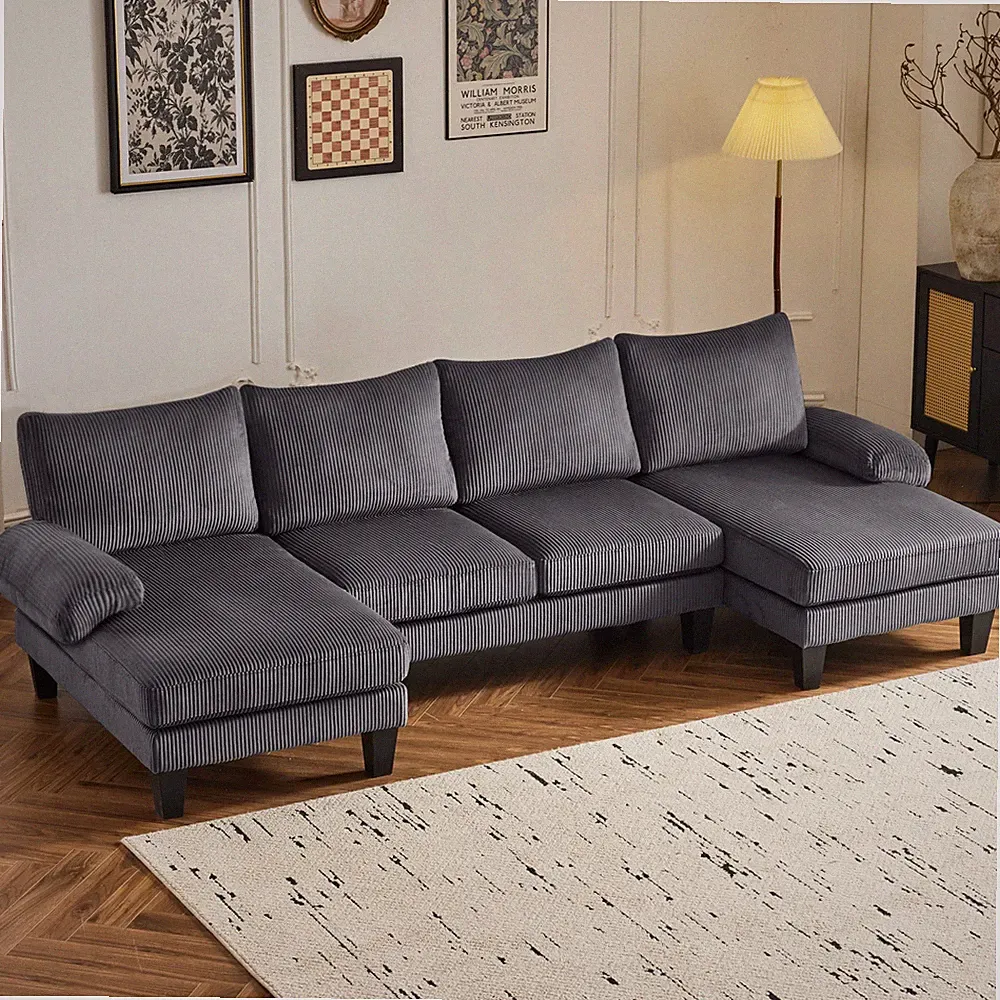 U-Shape Sectional Sofa Set with Corduroy Fabric Home Furniture Reception Room