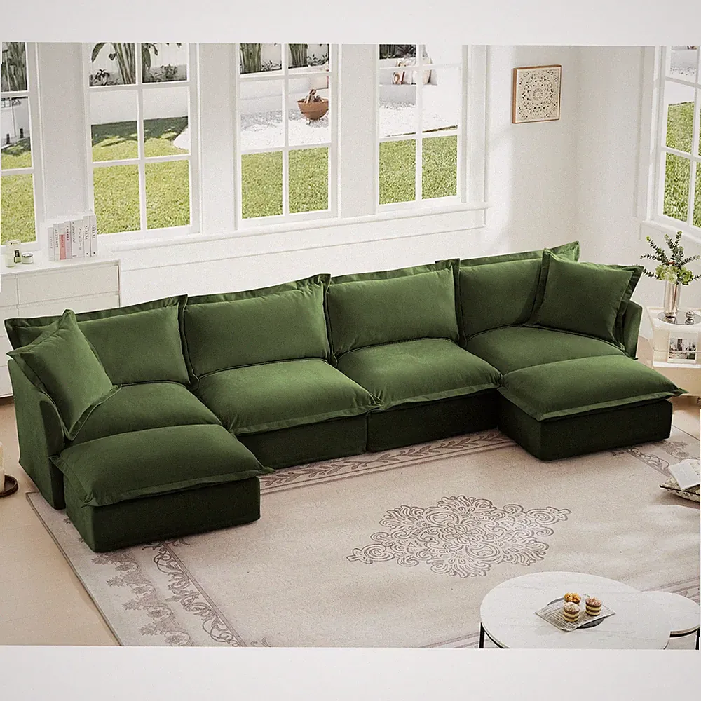 U Shape Sectional Sofa w/ 4 Deep Seats, Chenille Fabric, Removable Covers, Green