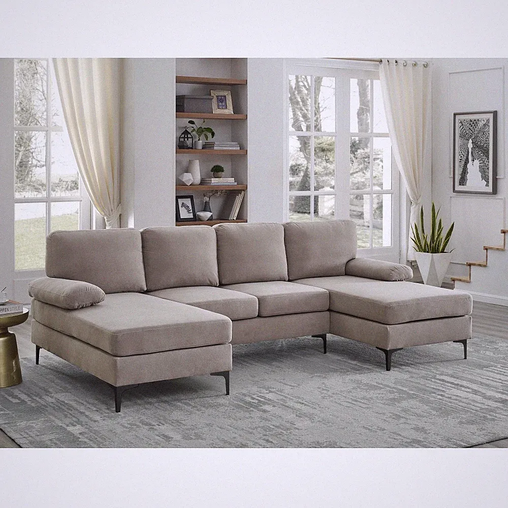 U-Shape Sectional Sofa w/Metal Legs – Upholstered Double Chaise Design