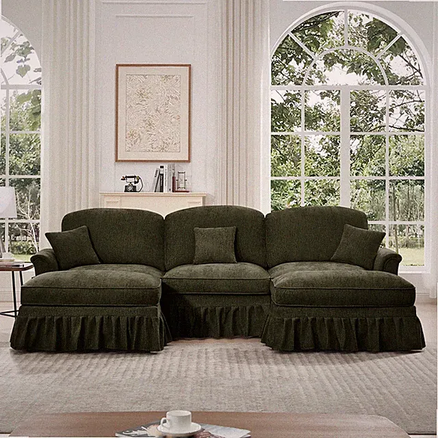 U-Shape Sectional Sofa w/ Removable Ruffles, Deep Seat Chenille, Green 3 Seater