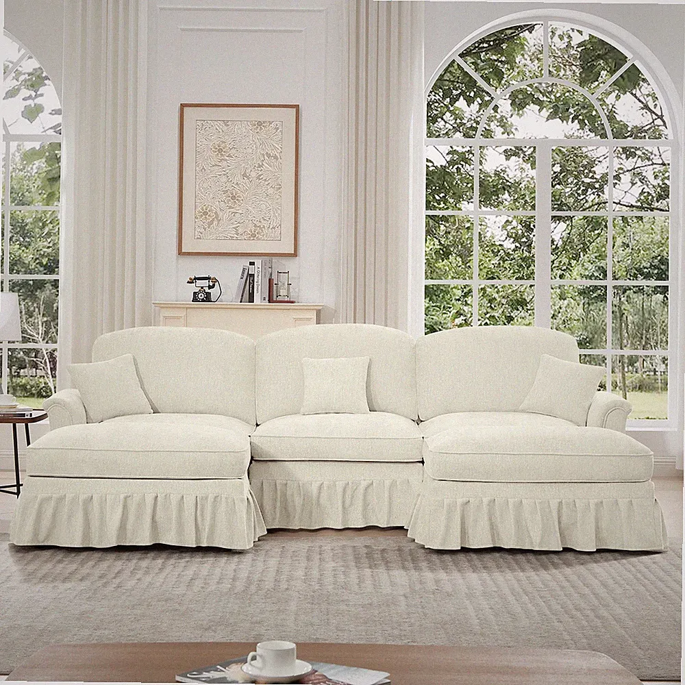 U-Shape Sectional Sofa w/ Removable Skirts, Flared Arms & Ottomans - Beige