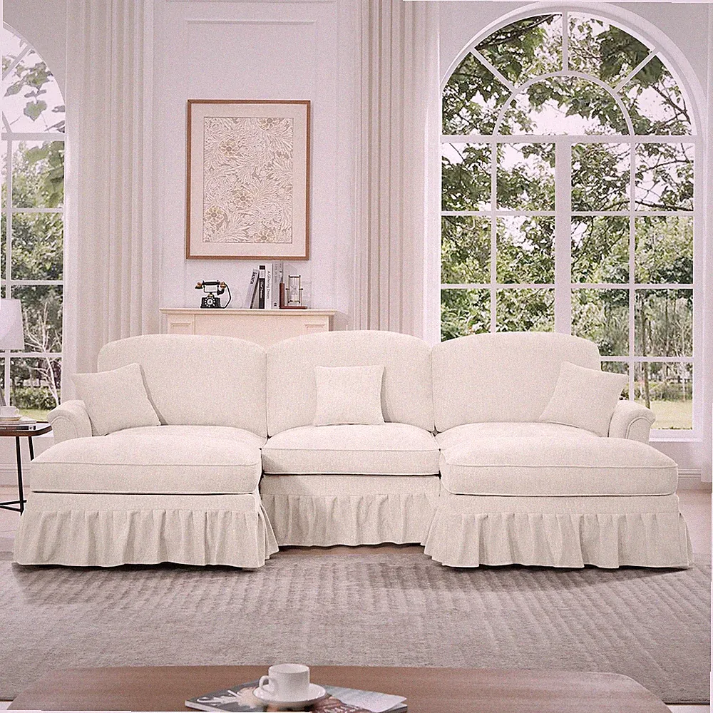 U-Shape Sectional Sofa with Flared Arms, Removable Ruffle Skirts, Ottomans