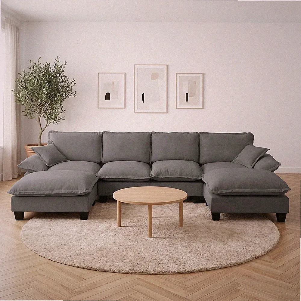 U-Shape Sectional Sofa with Ottomans, 6-Seater Chenille Cloud Couch, Grey