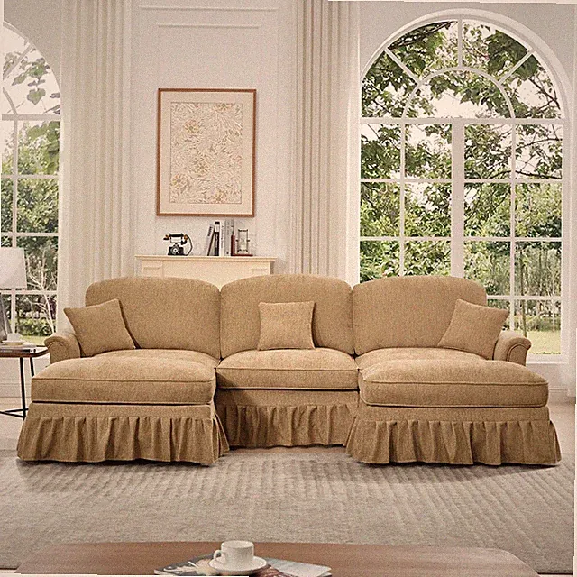U-Shape Sectional Sofa with Removable Ruffles & Ottomans, Chenille, Light Coffee