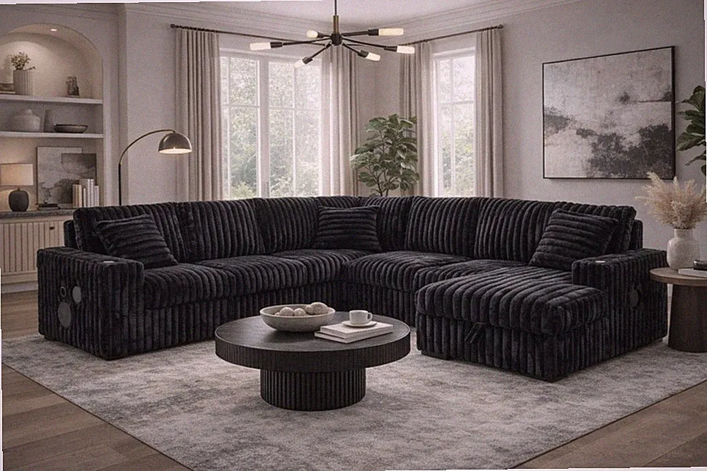 U-Shape Sleeper Sectional Sofa Black Corduroy Cloud Couch Bluetooth