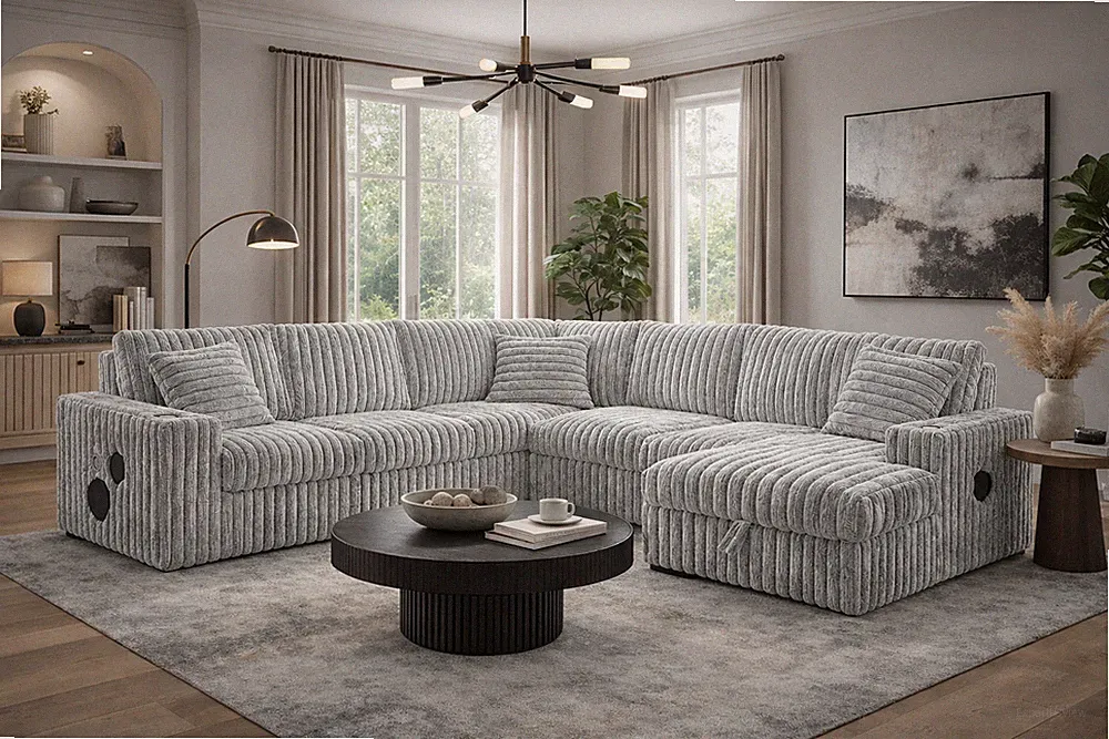 U-Shape Sleeper Sectional Sofa Grey Corduroy Cloud Couch Bluetooth