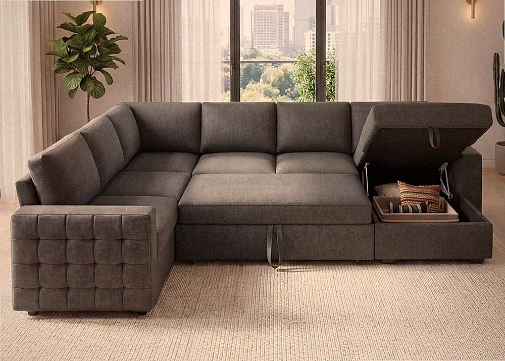 U-Shaped 111" Sectional Sleeper Sofa with Storage - Light Grey 6 Seats