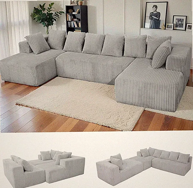U-Shaped 130" Gray Convertible Sleeper Sofa for Living Room Comfort