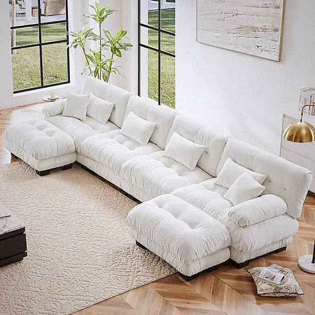 U-Shaped 4-Seater Cloud Sofa Sectional with 2 Ottomans, Chenille, White
