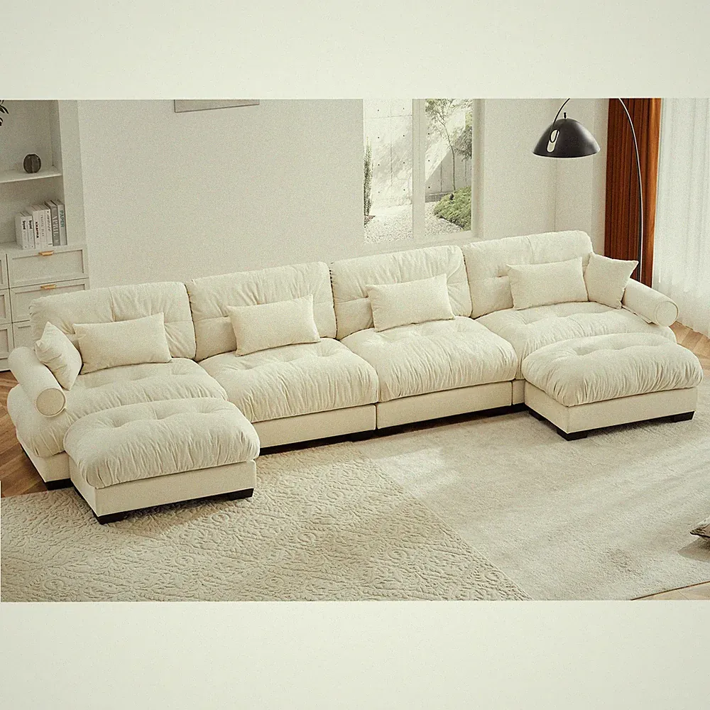 U-Shaped 4-Seater Velvet Sectional Sofa w/ Ottomans Cream