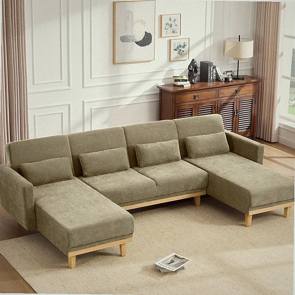 U-Shaped 5-in-1 Sectional Futon Sofa Bed Chenille Khaki 3 Adjustable Backrest