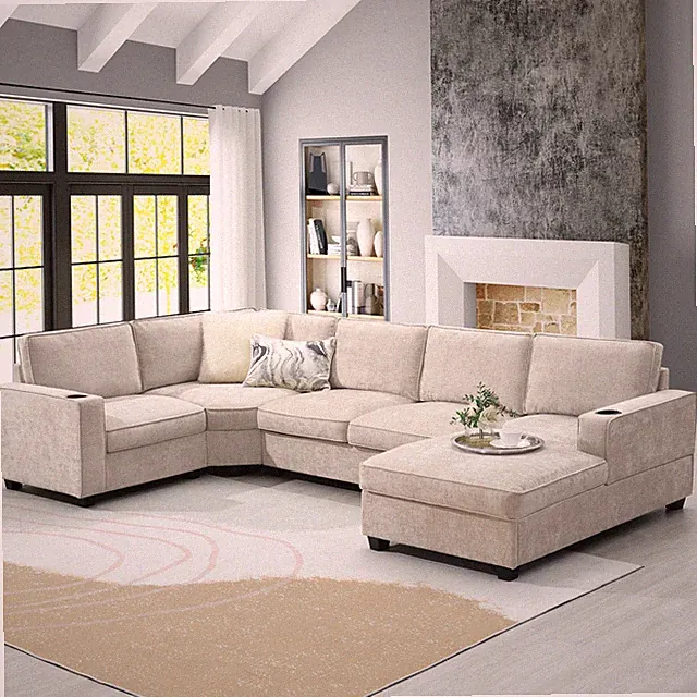 U-Shaped 6 Seat Sectional Sofa, Chenille, 117.5" L, Beige